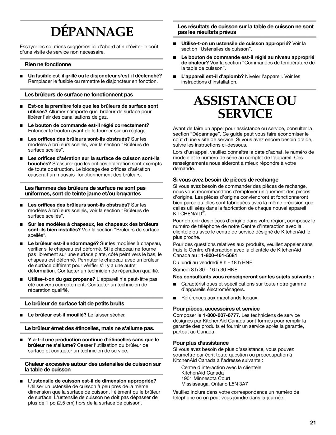 KitchenAid KGCV465 manual Dépannage, Assistance OU Service 