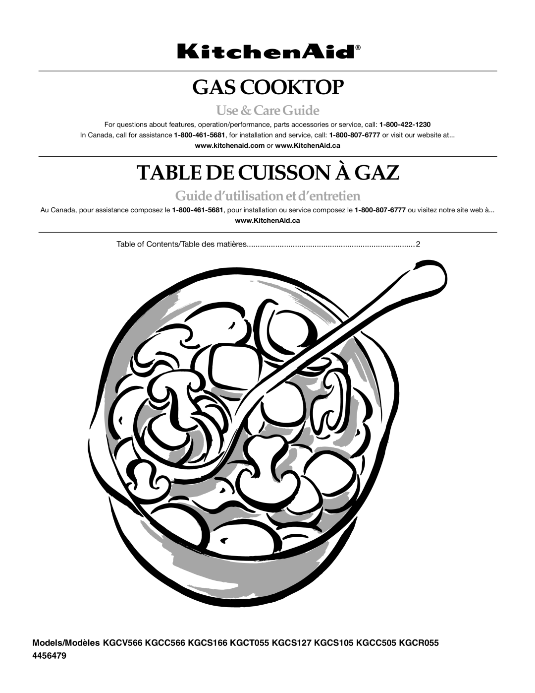 KitchenAid KGCC505, KGCV566 manual GAS Cooktop, Table DE Cuisson À GAZ, Use &CareGuide, Guide d’utilisation et d’entretien 