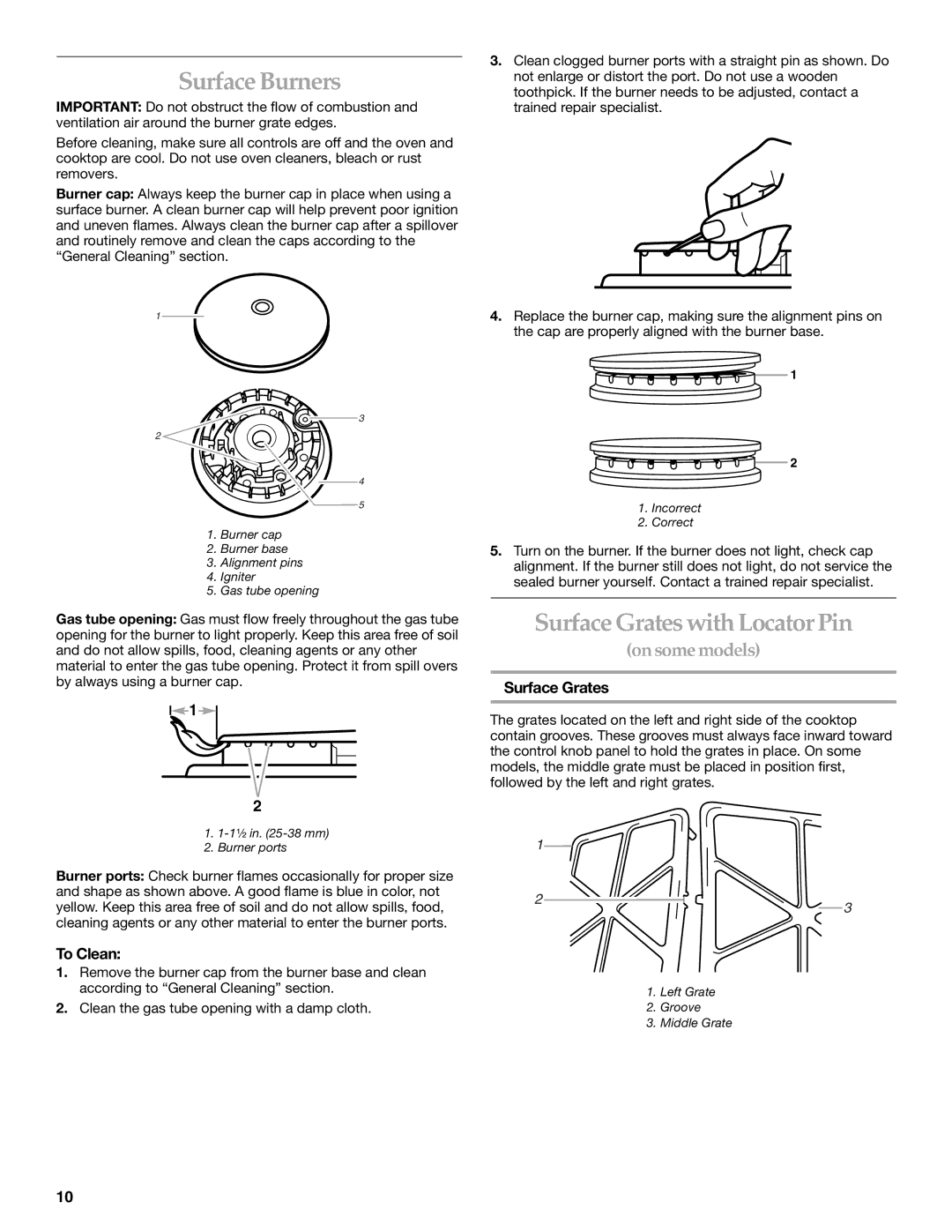 KitchenAid KGCC566, KGCV566, KGCC505, KGCS105, KGCR055, KGCT055 Surface Burners, Surface Grates with Locator Pin, To Clean 