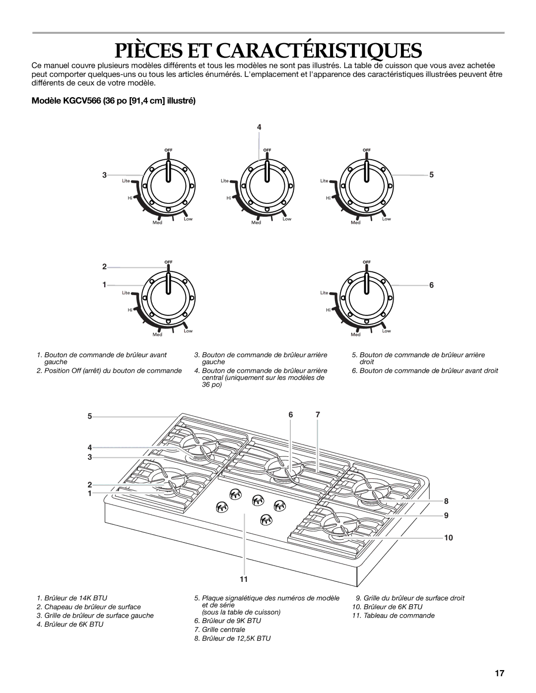 KitchenAid KGCC505, KGCC566, KGCS105, KGCR055, KGCT055 manual Pièces ET Caractéristiques, Modèle KGCV566 36 po 91,4 cm illustré 