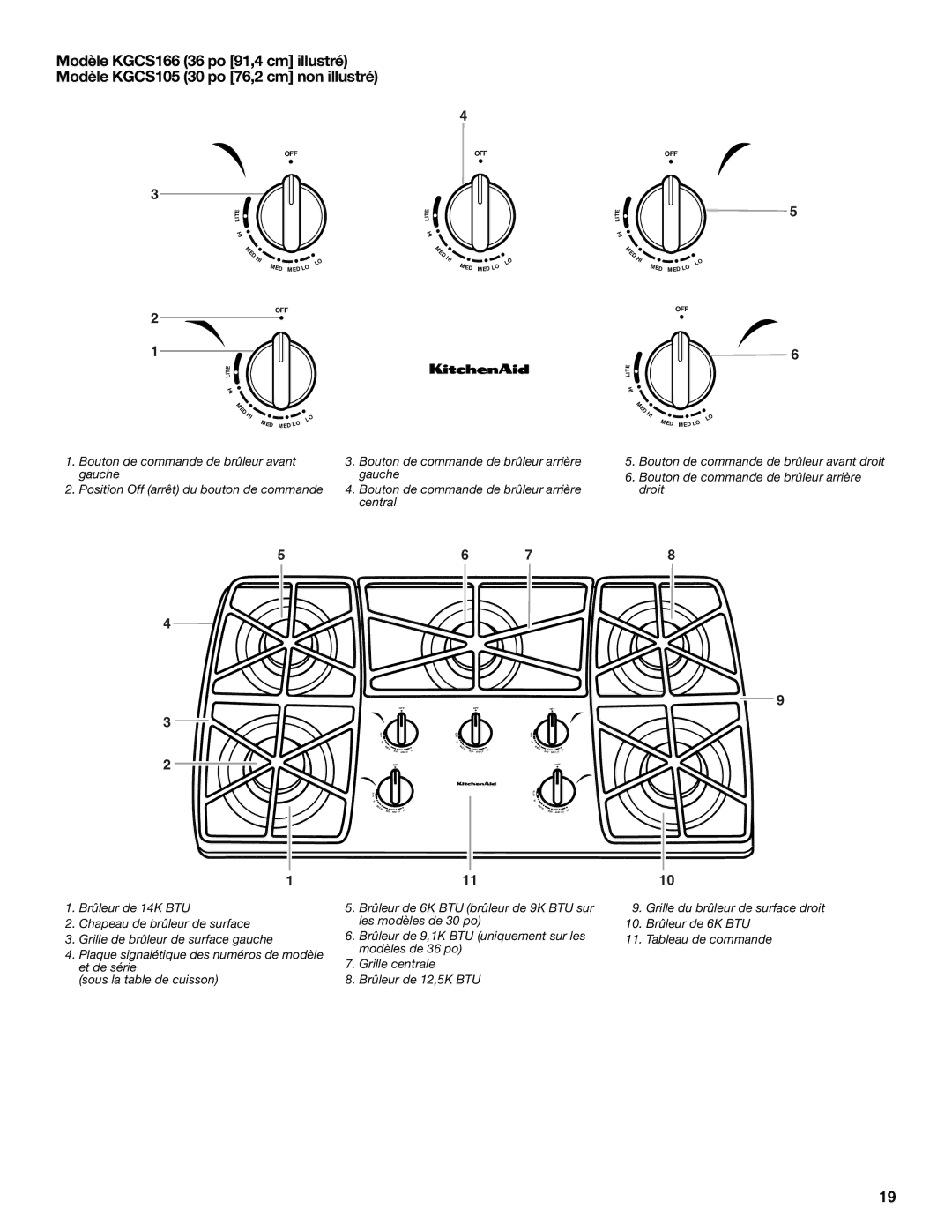 KitchenAid KGCS105, KGCV566, KGCC505, KGCC566, KGCR055, KGCT055, KGCS127 Bouton de commande de brûleur arrière gauche Central 