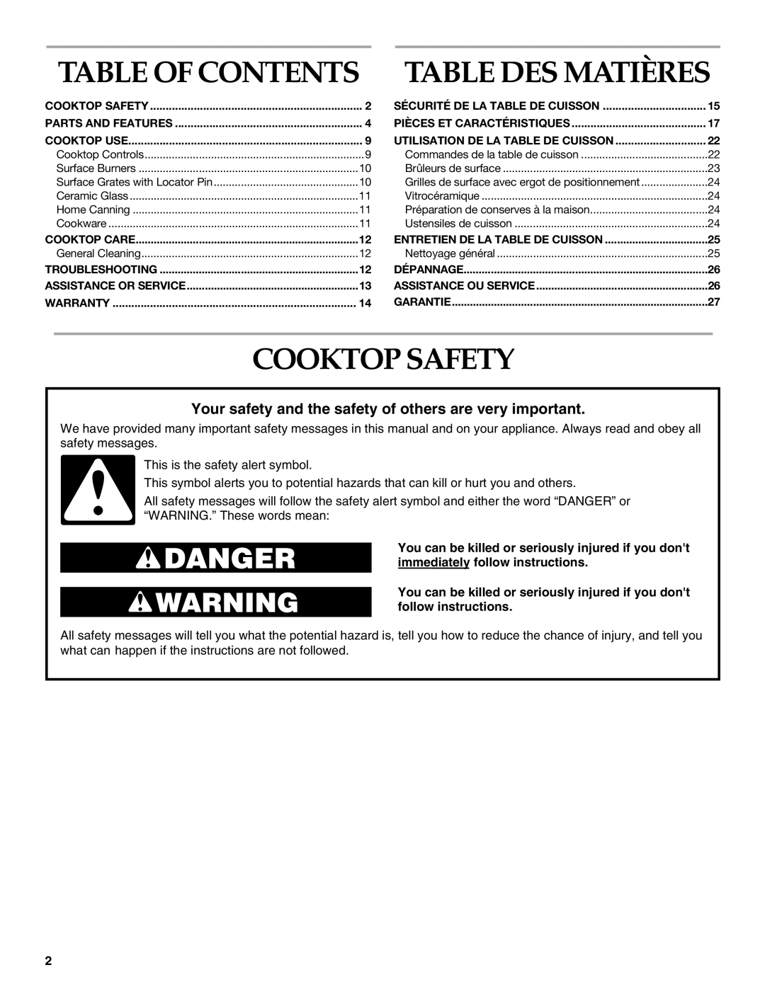 KitchenAid KGCC566, KGCV566, KGCC505, KGCS105, KGCR055, KGCT055, KGCS127 Table of Contents, Table DES Matières, Cooktop Safety 