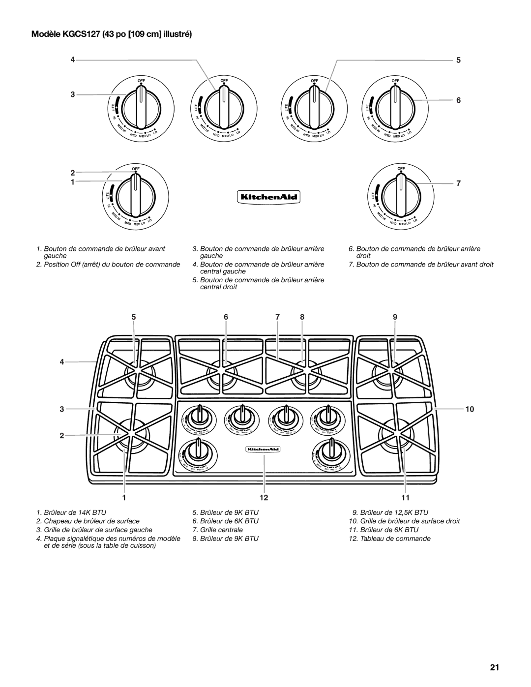 KitchenAid KGCT055, KGCV566, KGCC505, KGCC566, KGCS105, KGCR055, KGCS166 manual Modèle KGCS127 43 po 109 cm illustré 