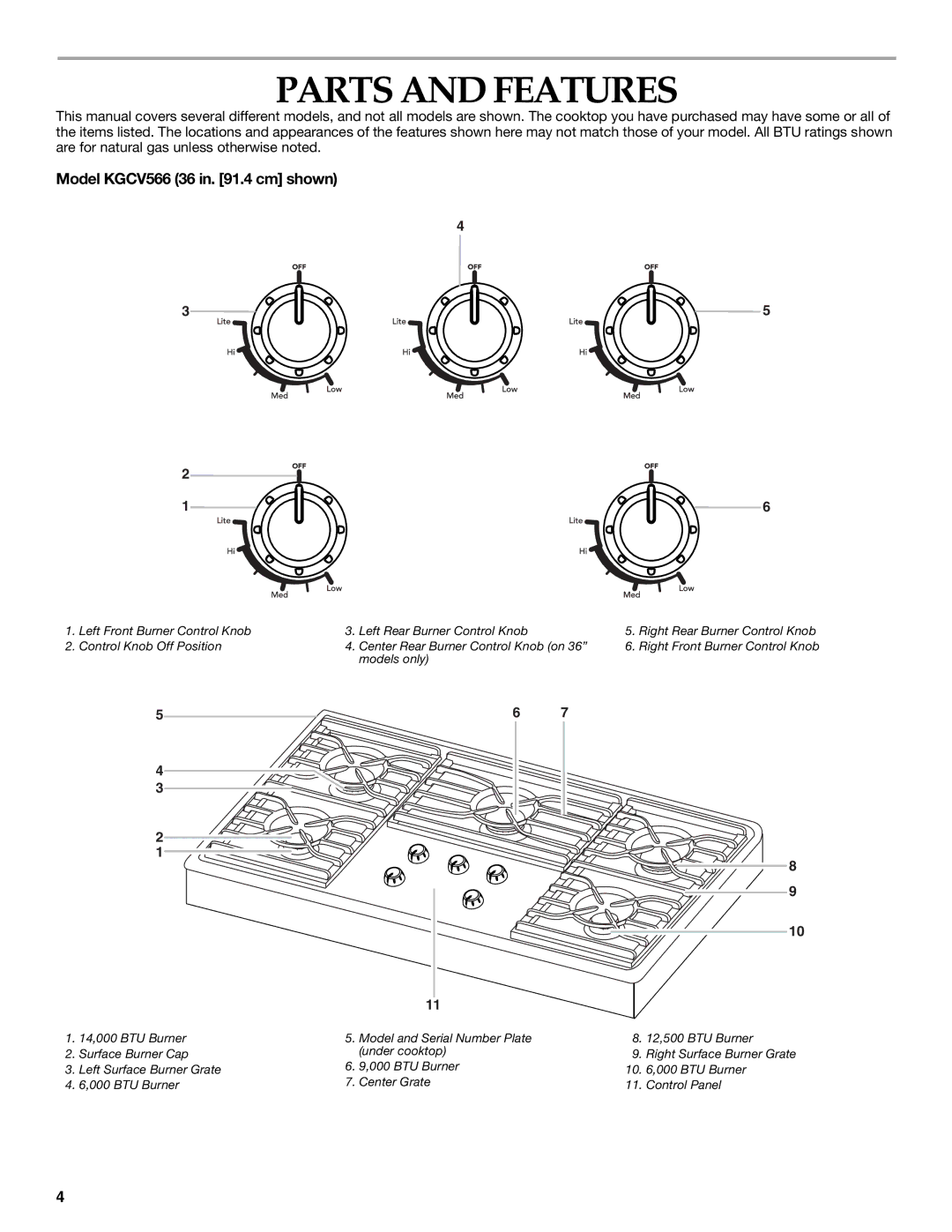 KitchenAid KGCR055, KGCC505, KGCC566, KGCS105, KGCT055, KGCS127, KGCS166 Parts and Features, Model KGCV566 36 in .4 cm shown 