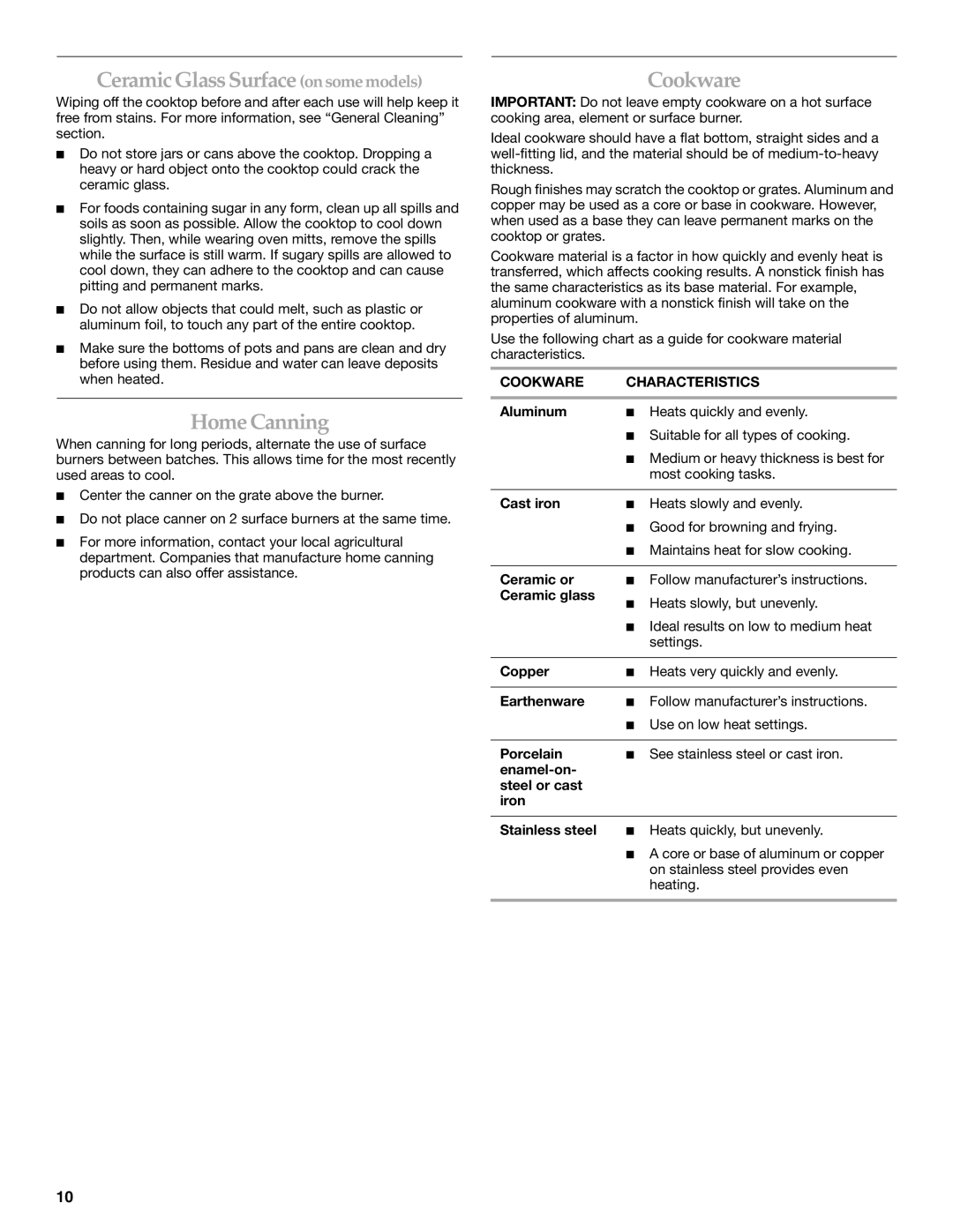 KitchenAid KGCV566 manual Ceramic Glass Surface on some models, Home Canning, Cookware Characteristics 