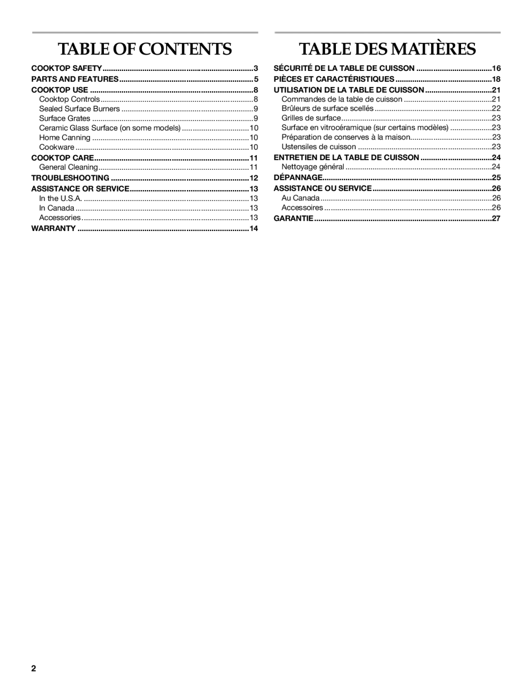 KitchenAid KGCV566 manual Table DES Matières, Table of Contents 