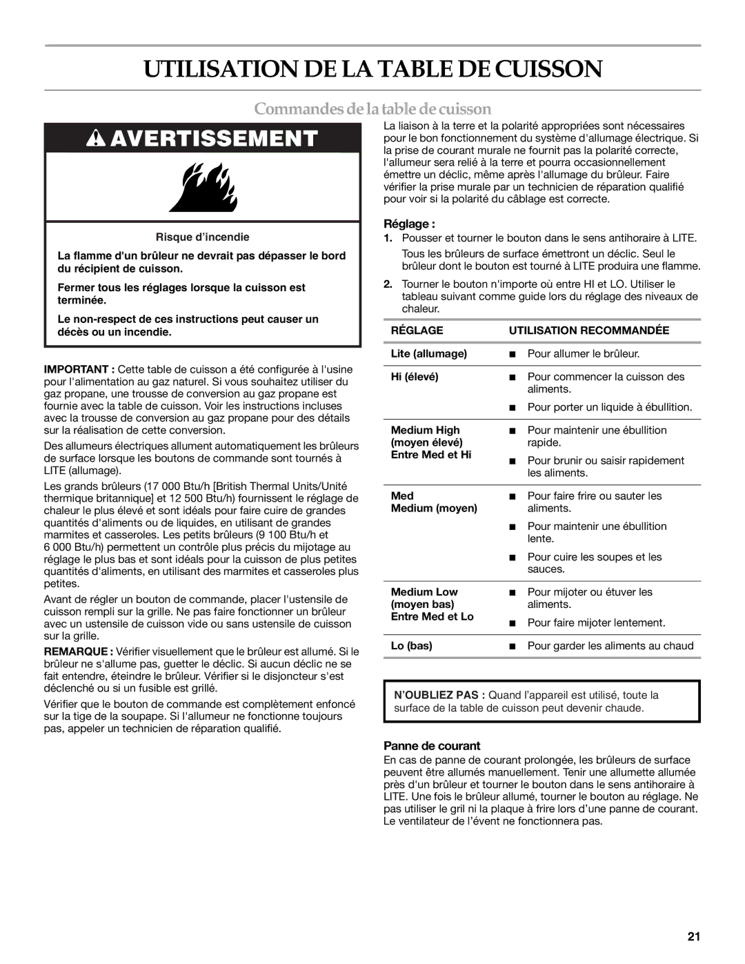 KitchenAid KGCV566 manual Utilisation DE LA Table DE Cuisson, Commandes de la table de cuisson, Réglage, Panne de courant 