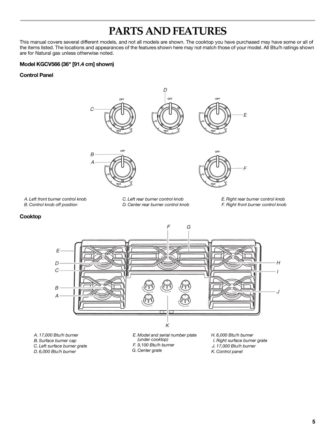 KitchenAid manual Parts and Features, Model KGCV566 36 91.4 cm shown Control Panel, Cooktop 