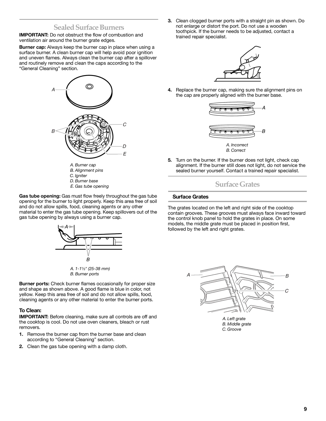 KitchenAid KGCV566 manual Sealed Surface Burners, Surface Grates, To Clean 