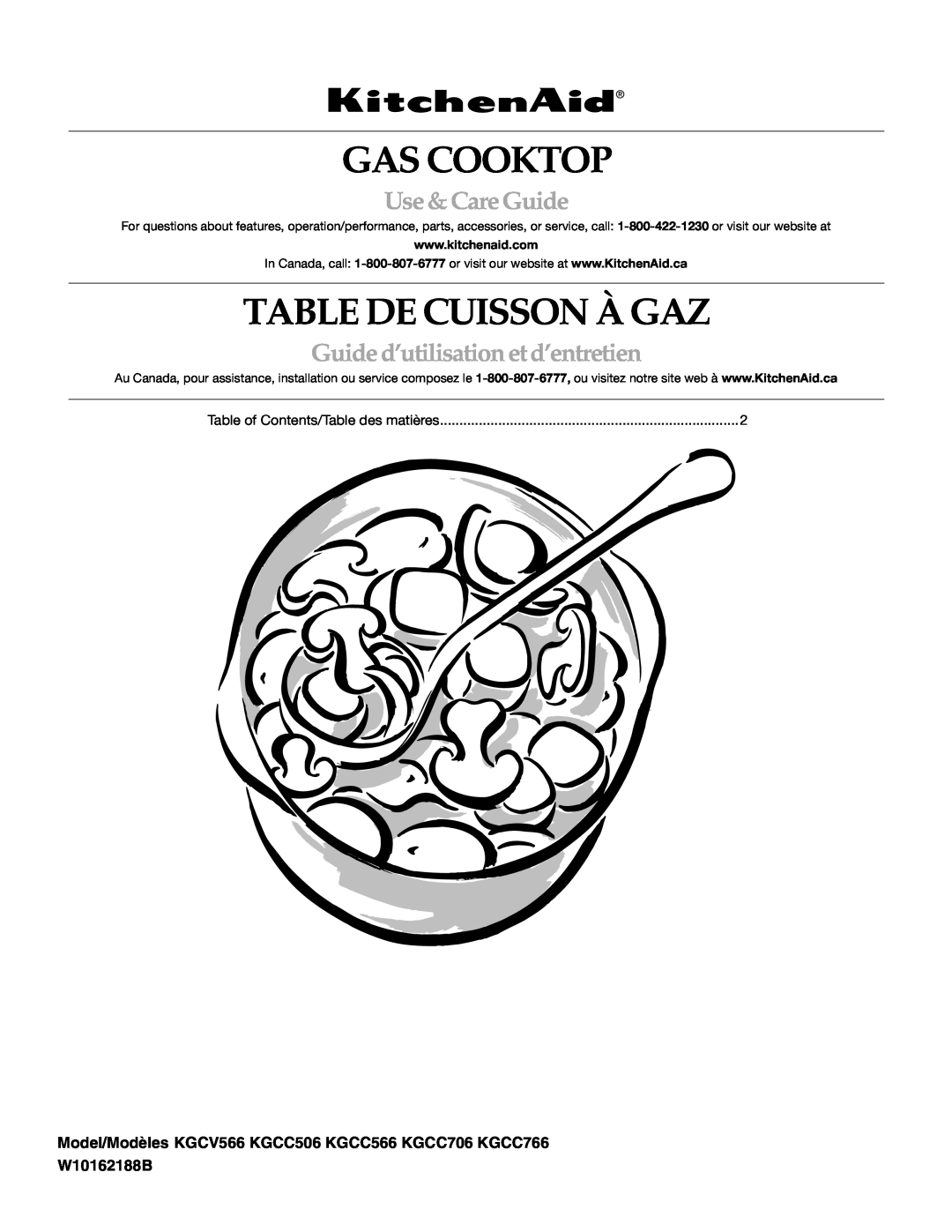KitchenAid KGCV566 manual Gas Cooktop, Table De Cuisson À Gaz, Use & Care Guide, Guide d’utilisation et d’entretien 