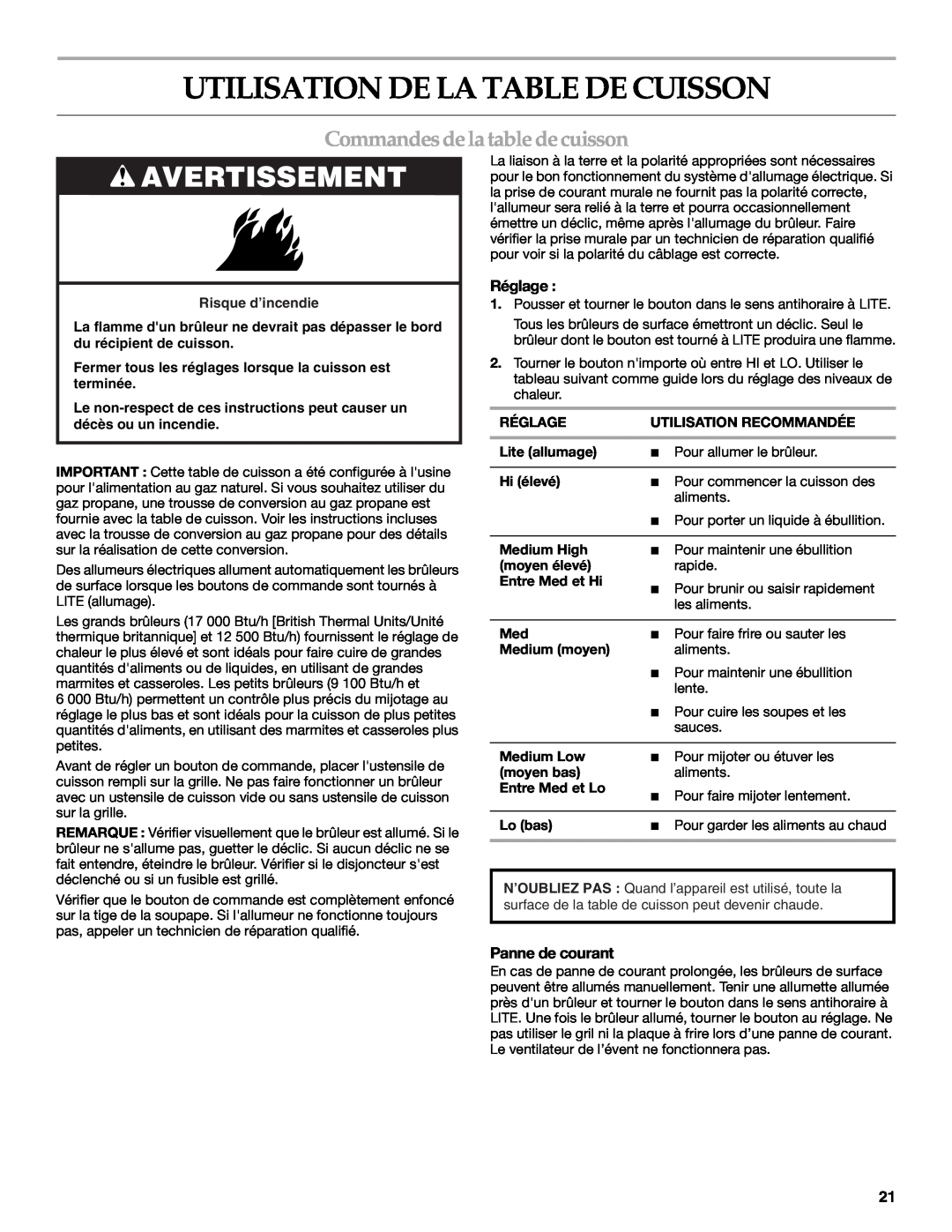 KitchenAid KGCV566 manual Utilisation De La Table De Cuisson, Avertissement, Commandes de la table de cuisson, Réglage 