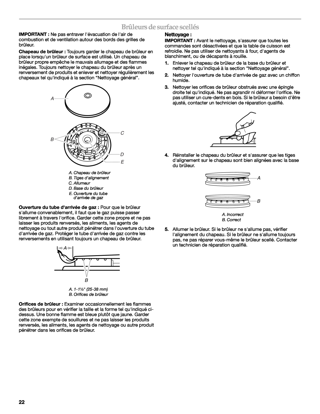 KitchenAid KGCV566 manual Brûleurs de surface scellés, Nettoyage, A C B D E 