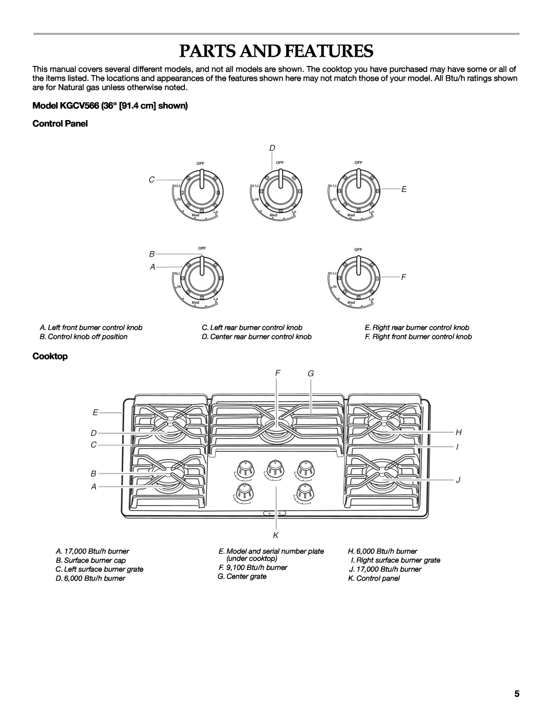 KitchenAid manual Parts And Features, Model KGCV566 36 91.4 cm shown Control Panel, Cooktop, E D C B A, F G K, H I J 