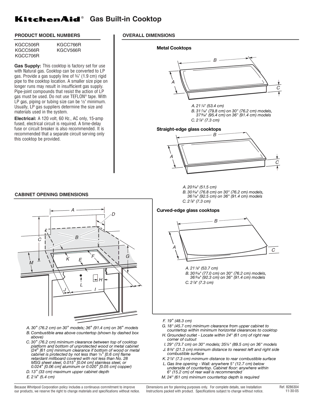 KitchenAid KGCC566R dimensions Gas Built-in Cooktop, Product Model Numbers Overall Dimensions, Cabinet Opening Dimensions 