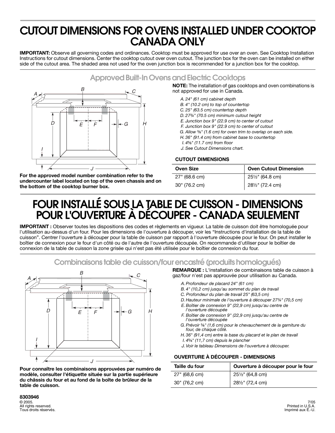 KitchenAid KGCC706R, KGCV566R, KGCC566R, KGCC506R, KGCC766R Canada only, Cutout Dimensions, Ouverture À Découper Dimensions 