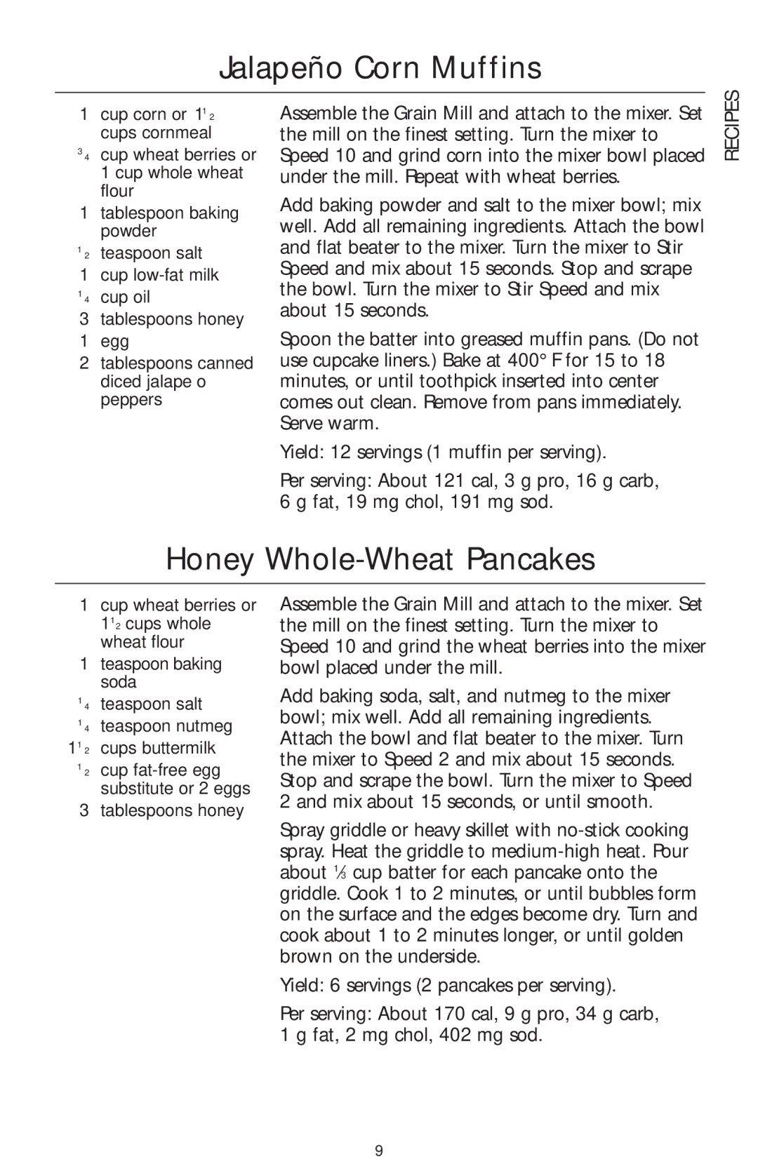 KitchenAid KGMA manual Jalapeño Corn Muffins, Honey Whole-Wheat Pancakes 