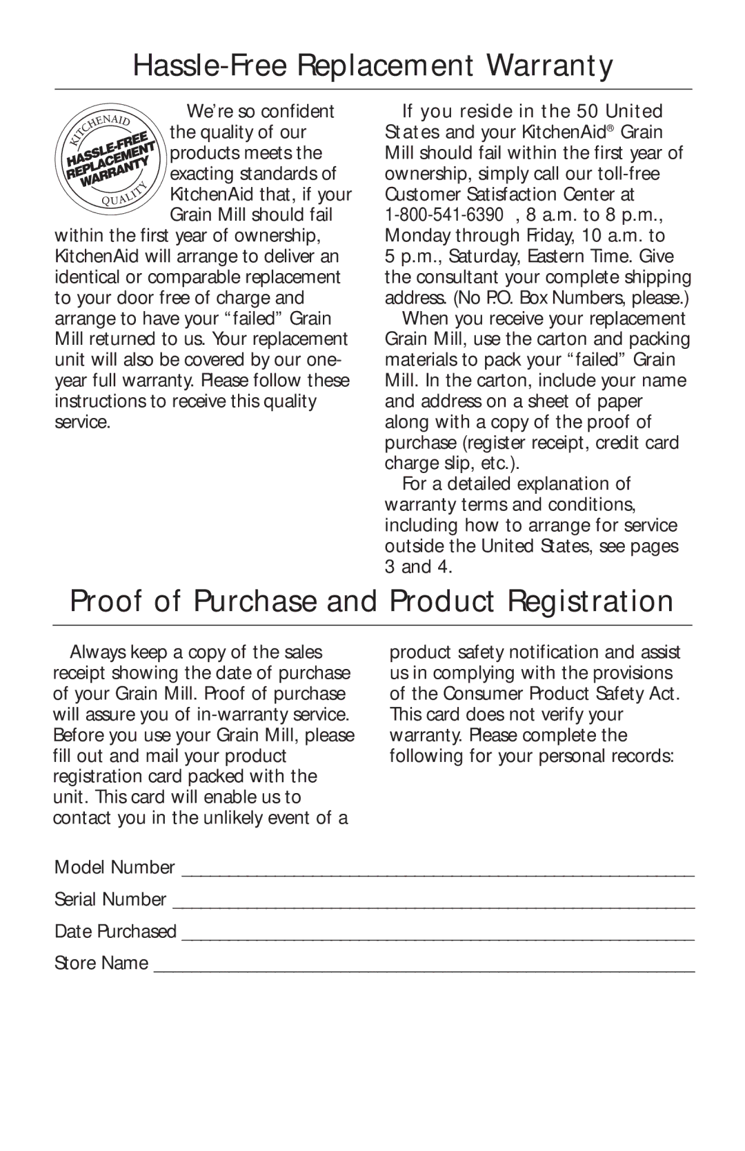 KitchenAid KGMA manual Hassle-Free Replacement Warranty, Proof of Purchase and Product Registration 