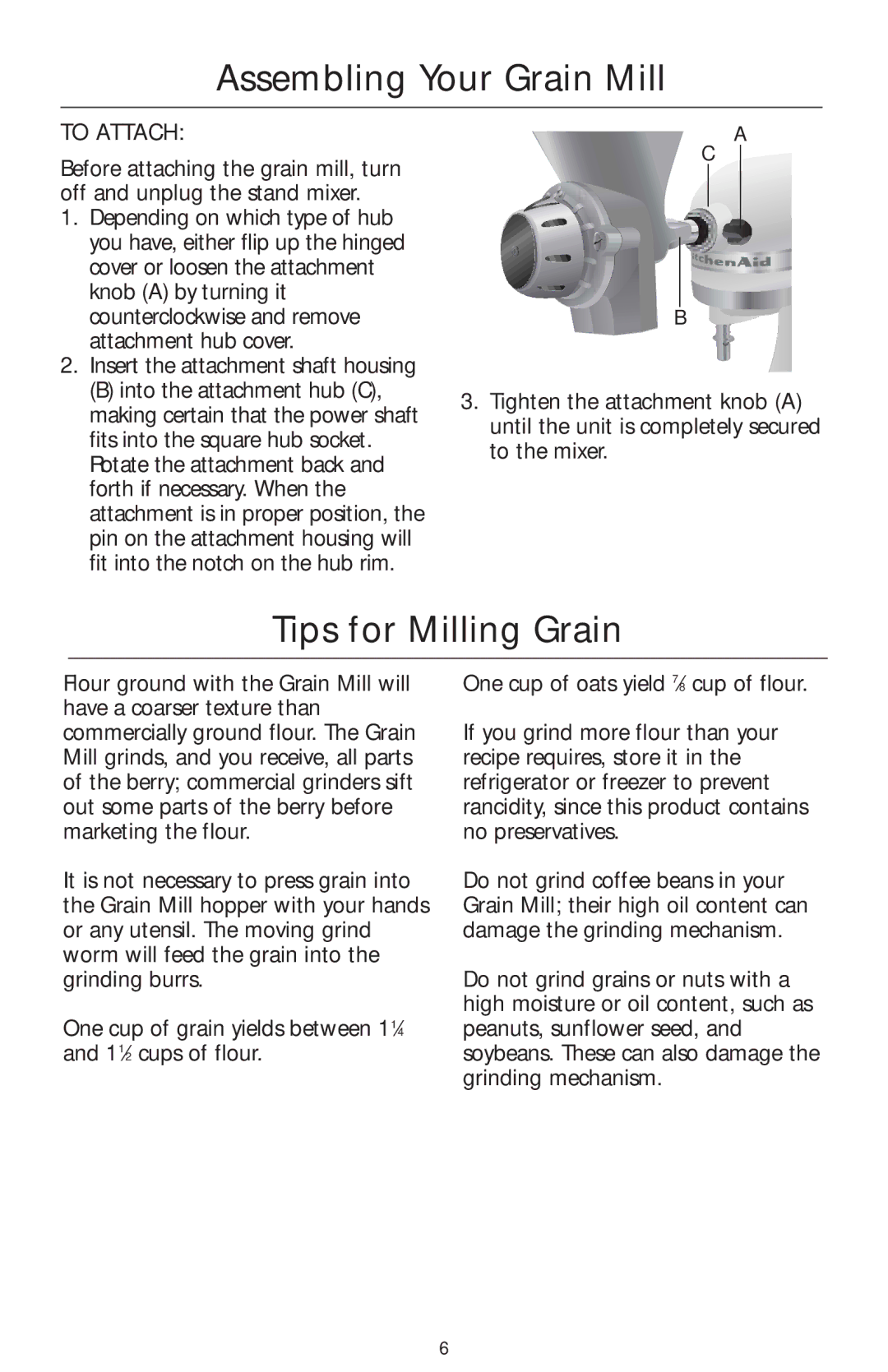 KitchenAid KGMA manual Tips for Milling Grain, To Attach 