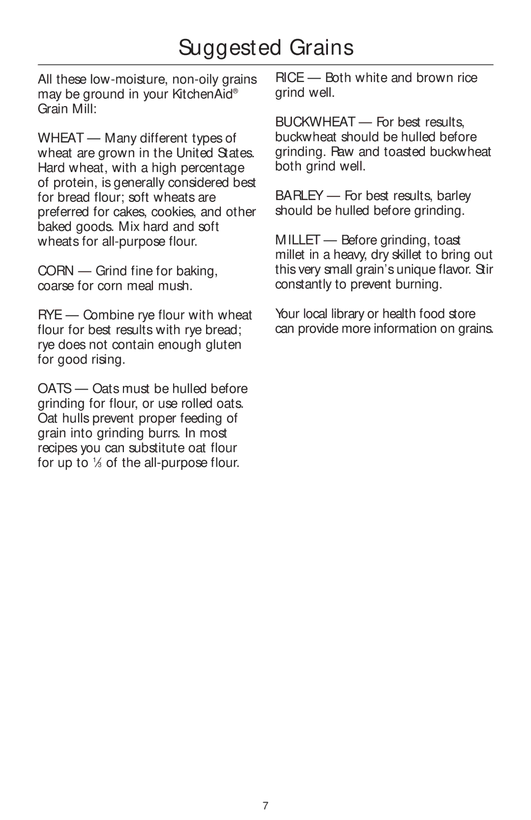 KitchenAid KGMA manual Suggested Grains 