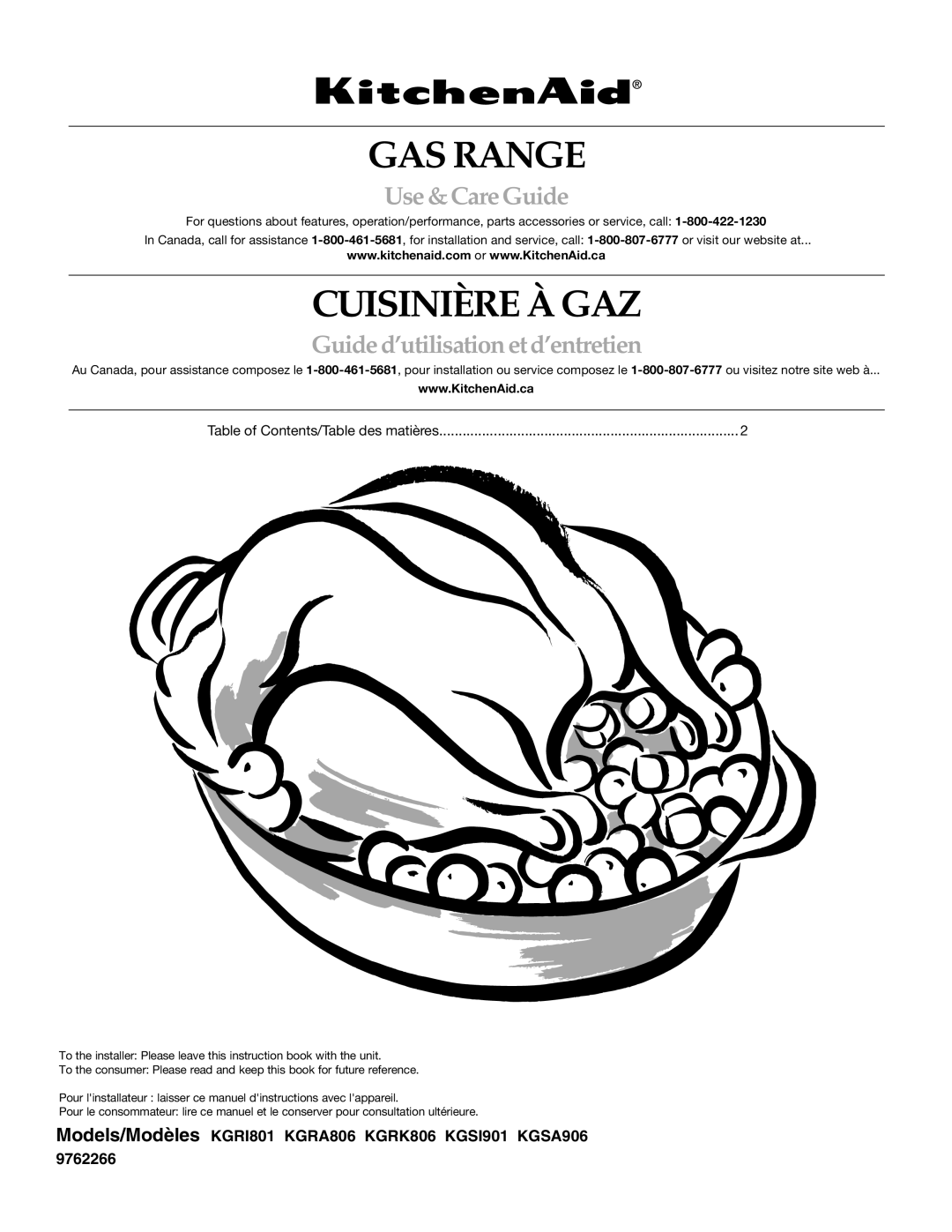 KitchenAid KGRA806, KGRK806, KGSI901, KGSA906 manual GAS Range 