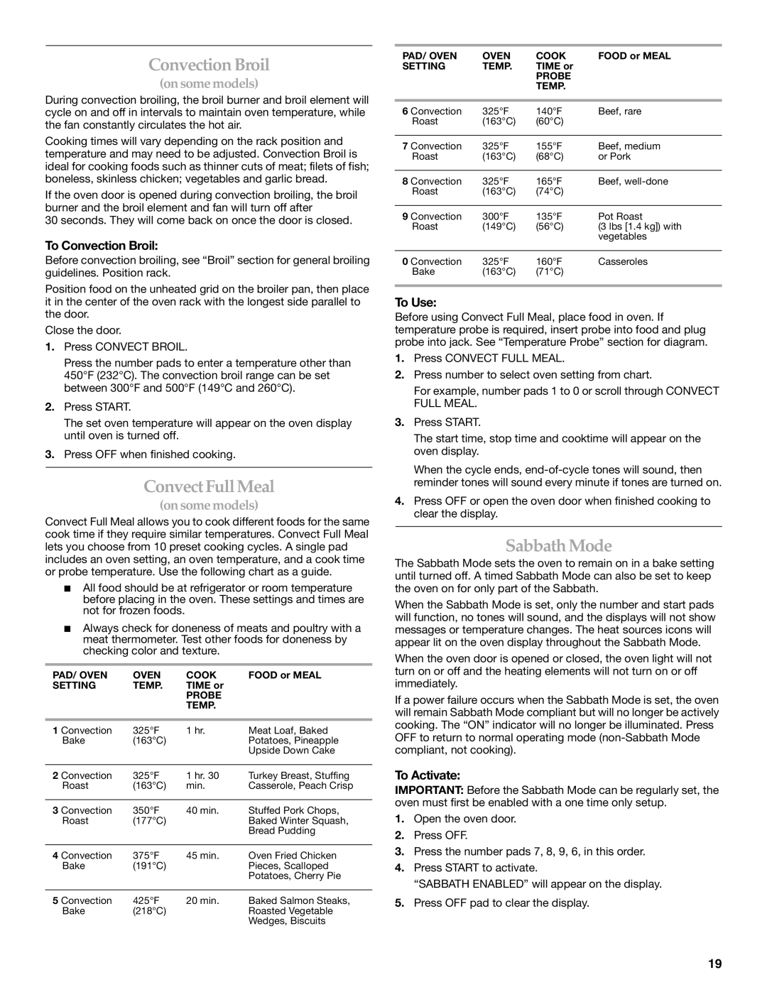 KitchenAid KGRA806, KGRK806, KGSI901, KGSA906 manual ConvectFullMeal, Sabbath Mode, To Convection Broil, To Activate 