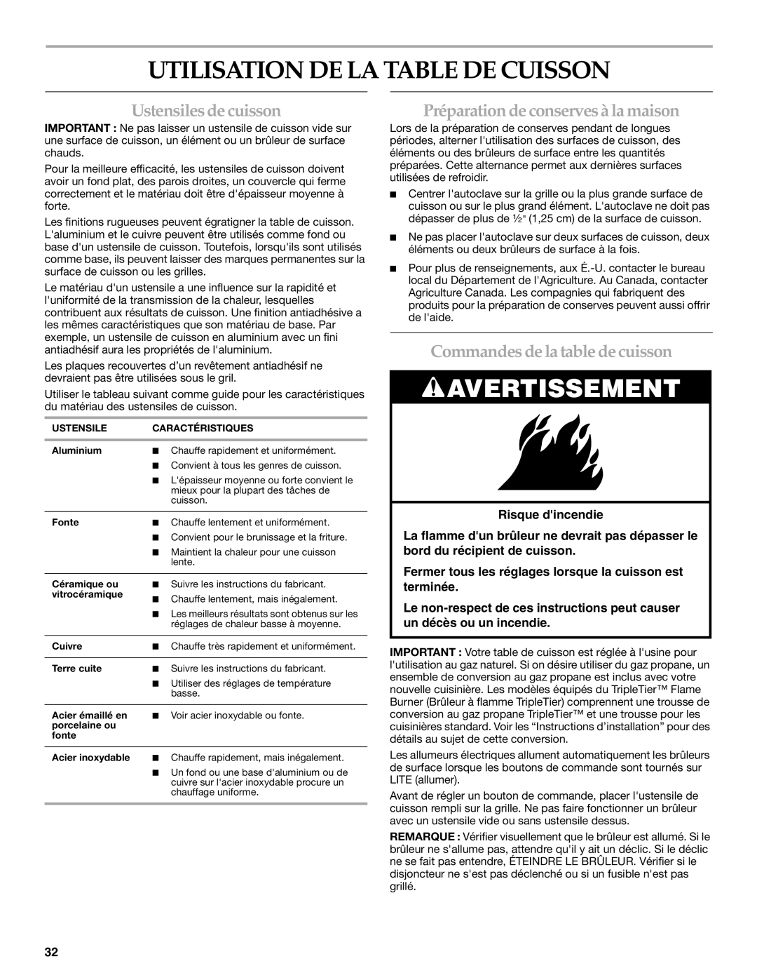 KitchenAid KGRA806, KGRK806, KGSI901, KGSA906 manual Utilisation DE LA Table DE Cuisson, Ustensiles de cuisson 