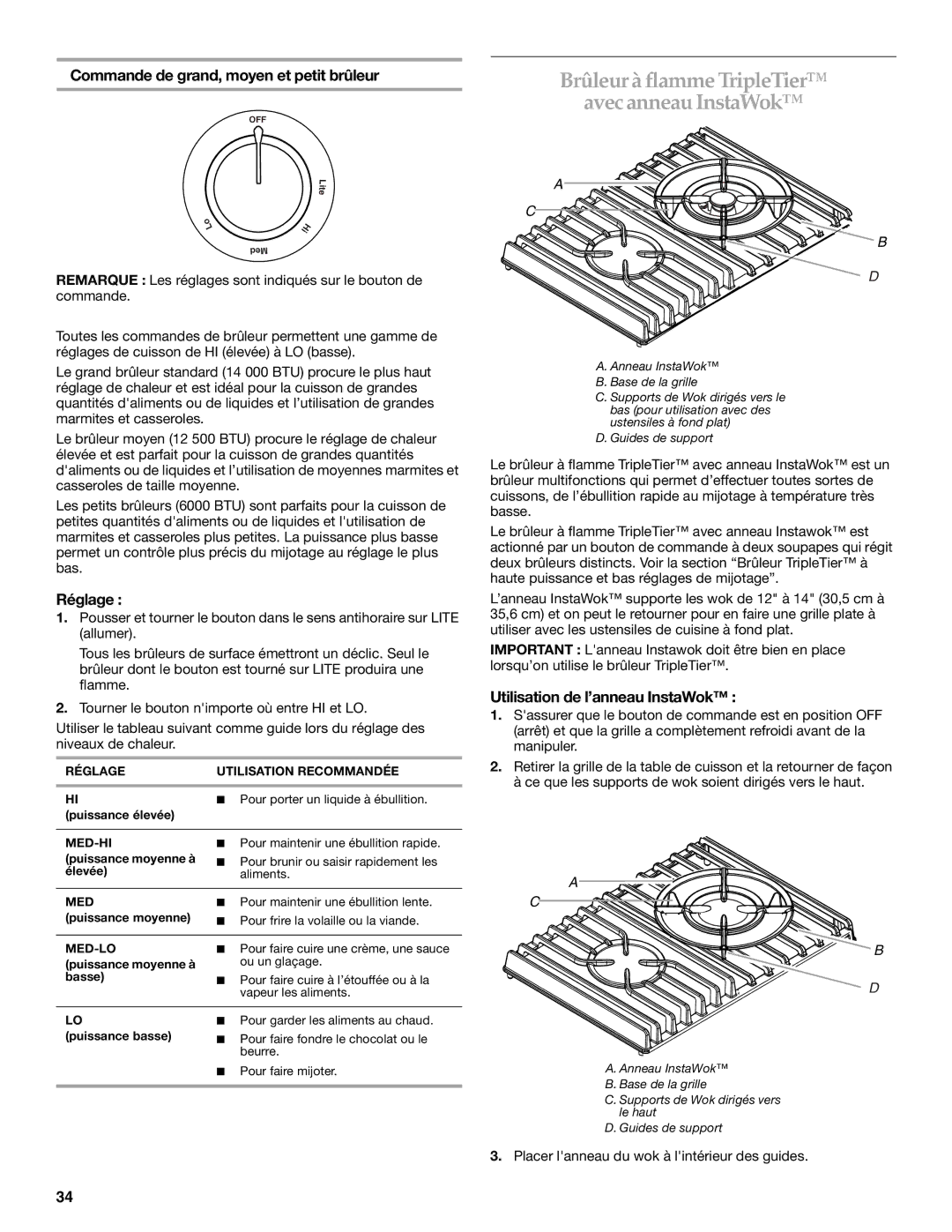 KitchenAid KGRA806, KGRK806, KGSI901, KGSA906 manual Brûleur à flamme TripleTier Avec anneau InstaWok, Réglage 