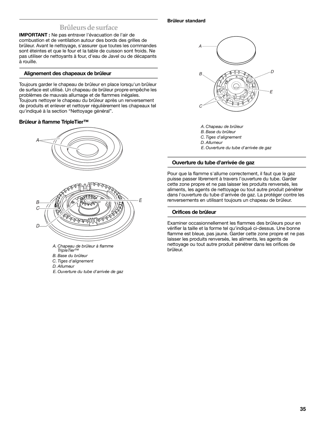 KitchenAid KGRA806, KGRK806, KGSI901, KGSA906 Brûleursde surface, Alignement des chapeaux de brûleur, Orifices de brûleur 