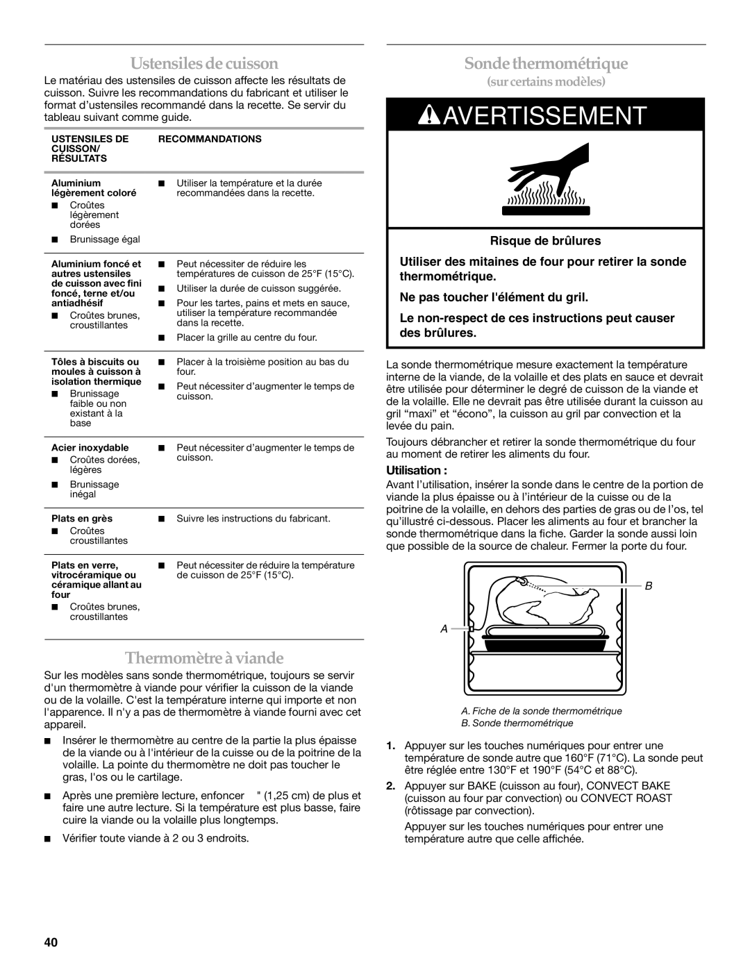 KitchenAid KGRA806, KGRK806, KGSI901, KGSA906 manual Thermomètre à viande, Sonde thermométrique, Utilisation 