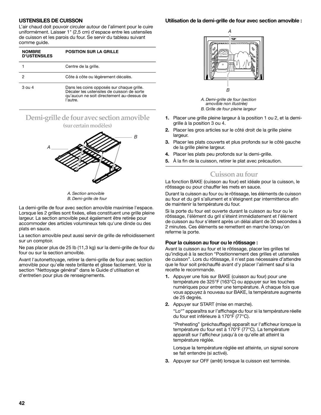 KitchenAid KGRA806, KGRK806, KGSI901, KGSA906 manual Demi-grille de four avecsection amovible, Cuisson au four 