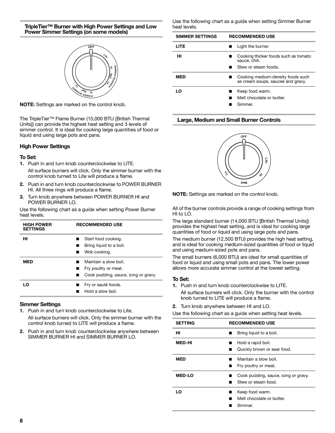 KitchenAid KGRA806, KGRK806, KGSI901, KGSA906 manual High Power Settings To Set, Simmer Settings 