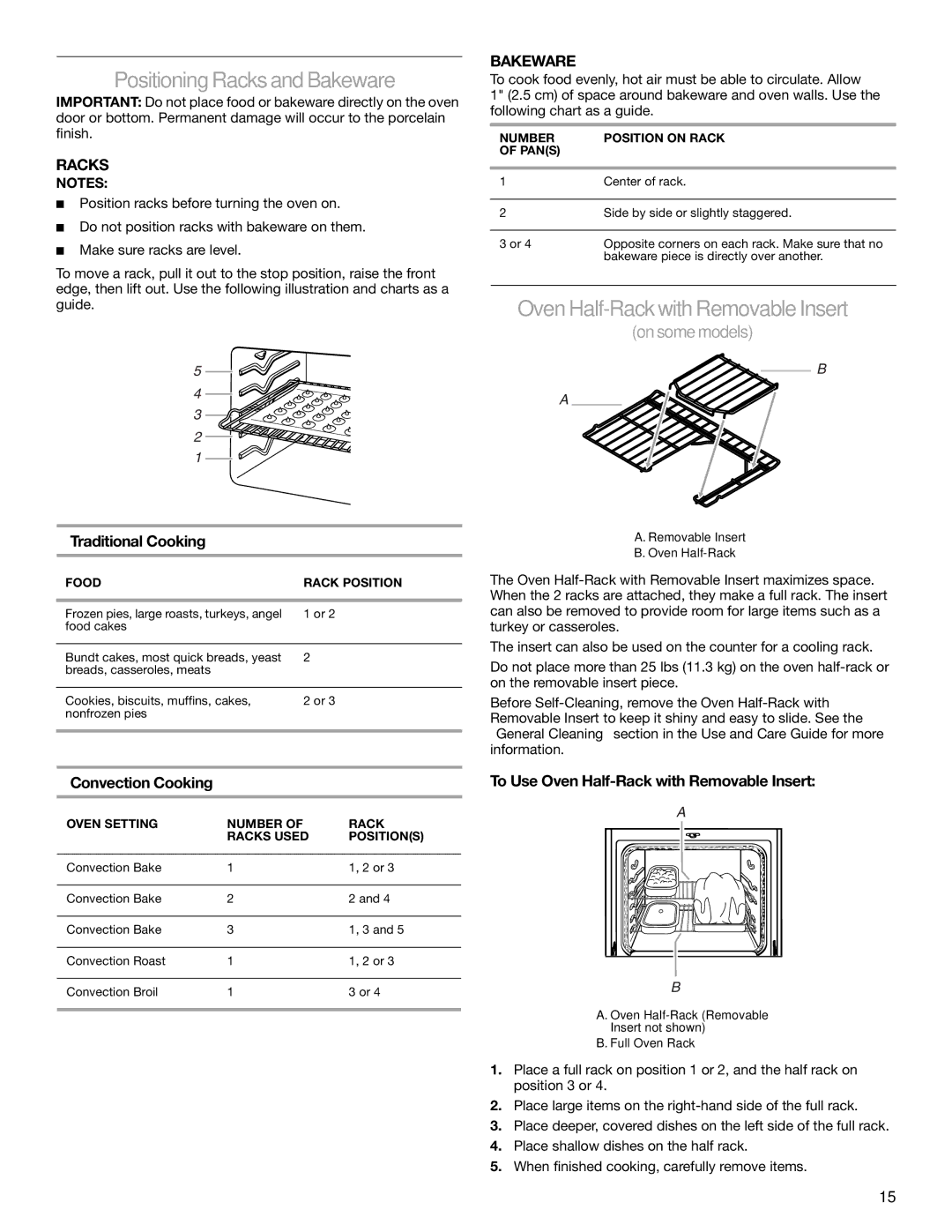 KitchenAid KGRI801 manual Positioning Racks and Bakeware, Oven Half-Rack with Removable Insert 