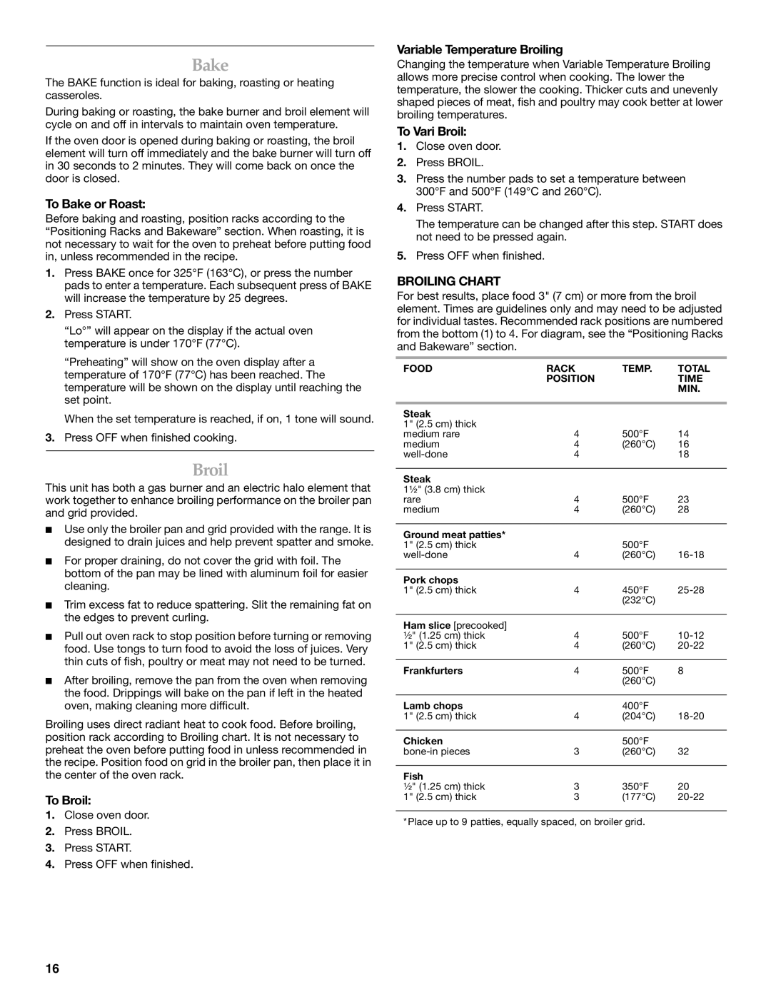 KitchenAid KGRI801 manual Bake, Broiling Chart 