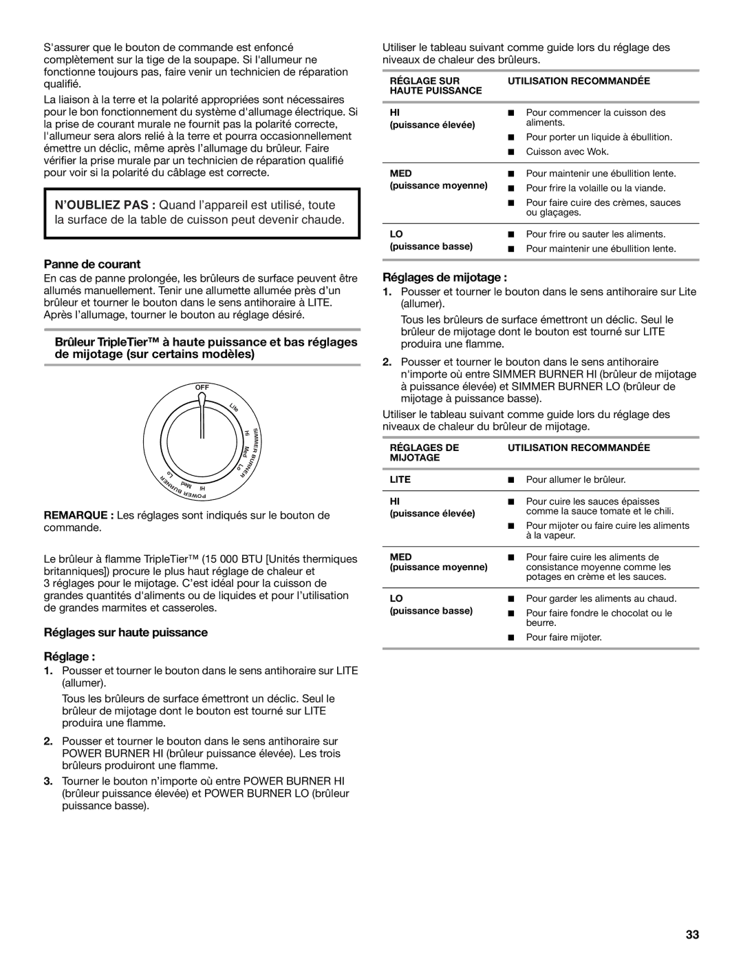 KitchenAid KGRI801 manual Panne de courant, Réglages sur haute puissance, Réglages de mijotage 