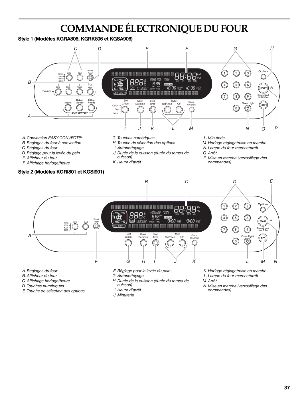 KitchenAid KGRI801 manual Commande Électronique DU Four, Style 1 Modèles KGRA806, KGRK806 et KGSA906 