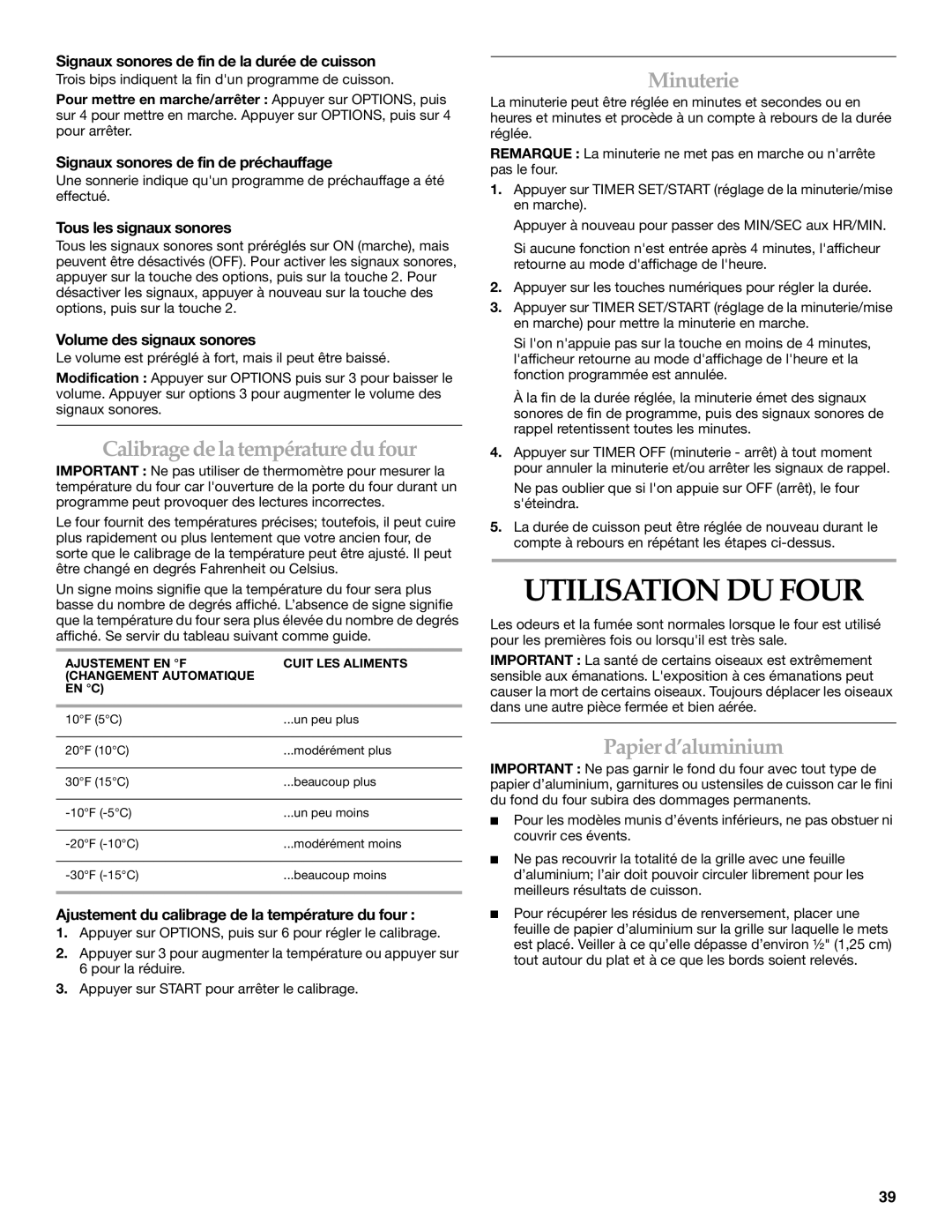 KitchenAid KGRI801 manual Utilisation DU Four, Calibrage de la température du four, Minuterie, Papier d’aluminium 