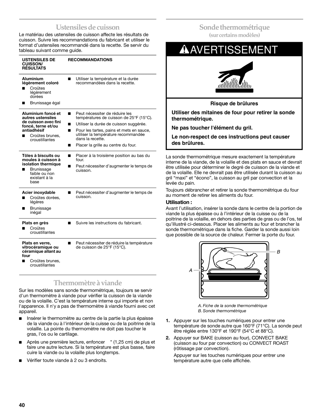 KitchenAid KGRI801 manual Thermomètre à viande, Sonde thermométrique, Utilisation 