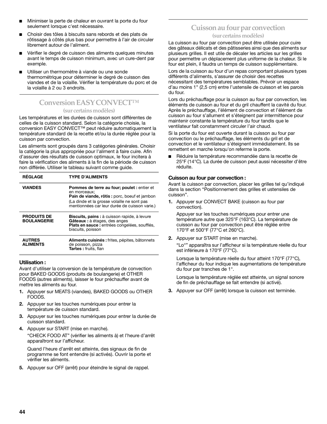KitchenAid KGRI801 manual Conversion Easyconvect, Cuisson au four par convection 