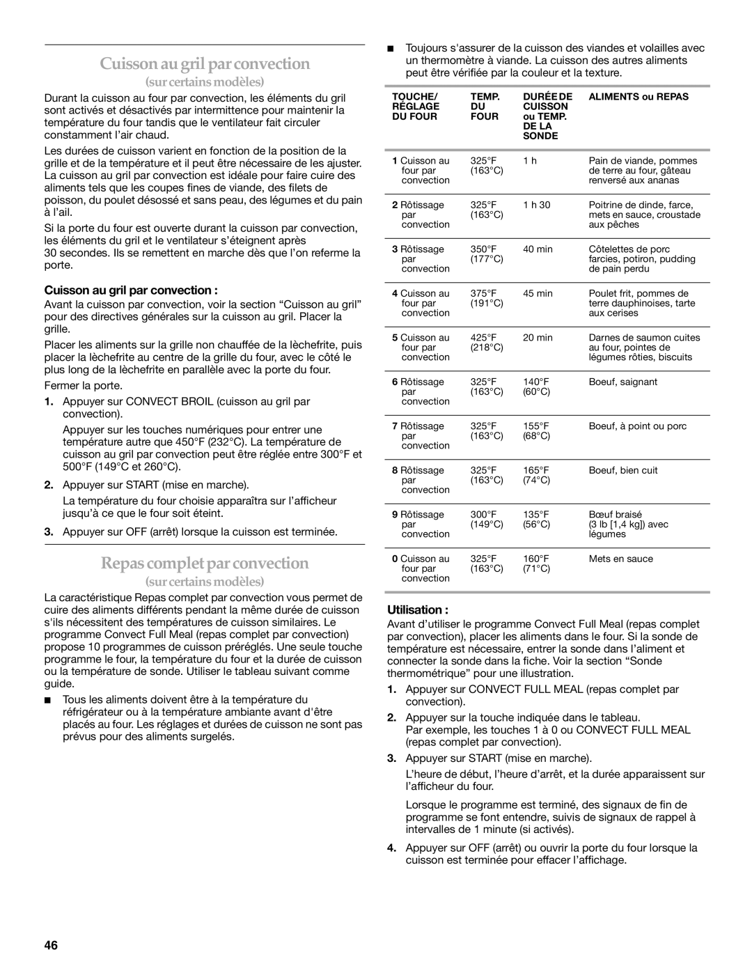 KitchenAid KGRI801 manual Cuisson au gril par convection, Repascompletpar convection 