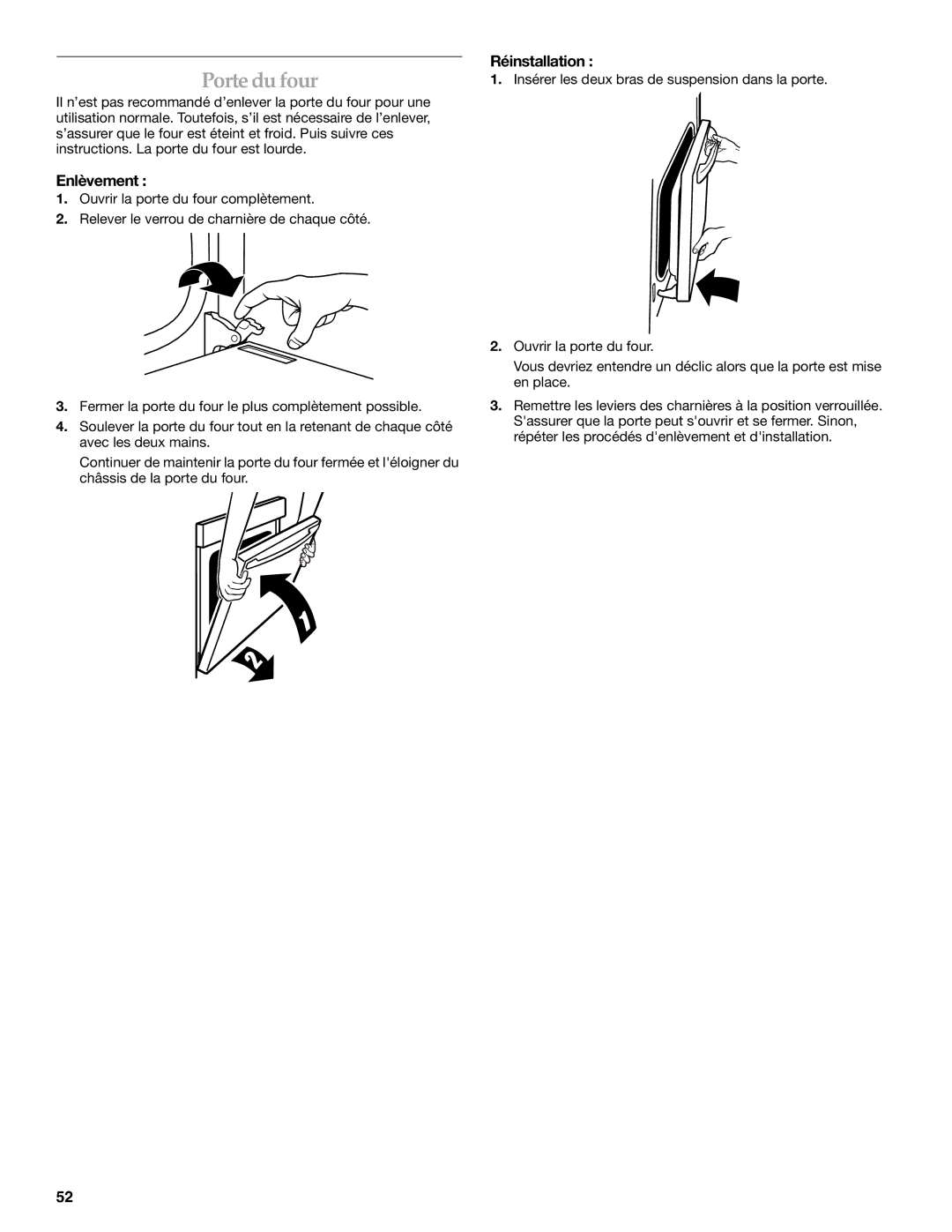 KitchenAid KGRI801 manual Porte du four, Enlèvement, Réinstallation 
