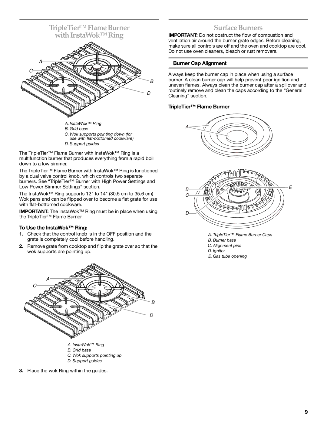 KitchenAid KGRI801 manual TripleTier Flame Burner With InstaWok Ring, Surface Burners, Burner Cap Alignment 