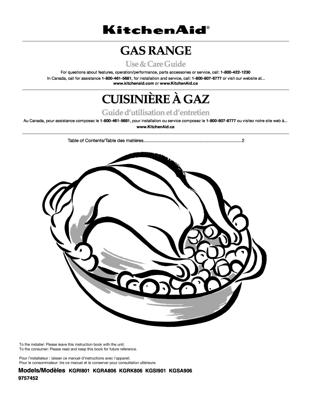 KitchenAid KGRI801 manual Gas Range, Cuisinière À Gaz, Use &CareGuide, Guided’utilisation etd’entretien 