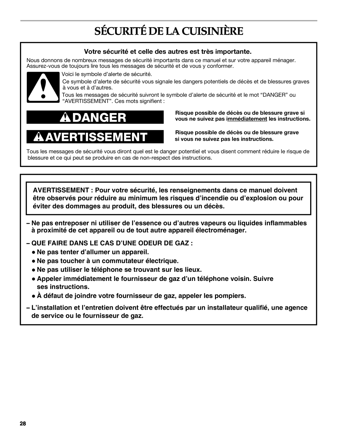 KitchenAid KGRI801 manual Sécurité De La Cuisinière, Danger, Avertissement 