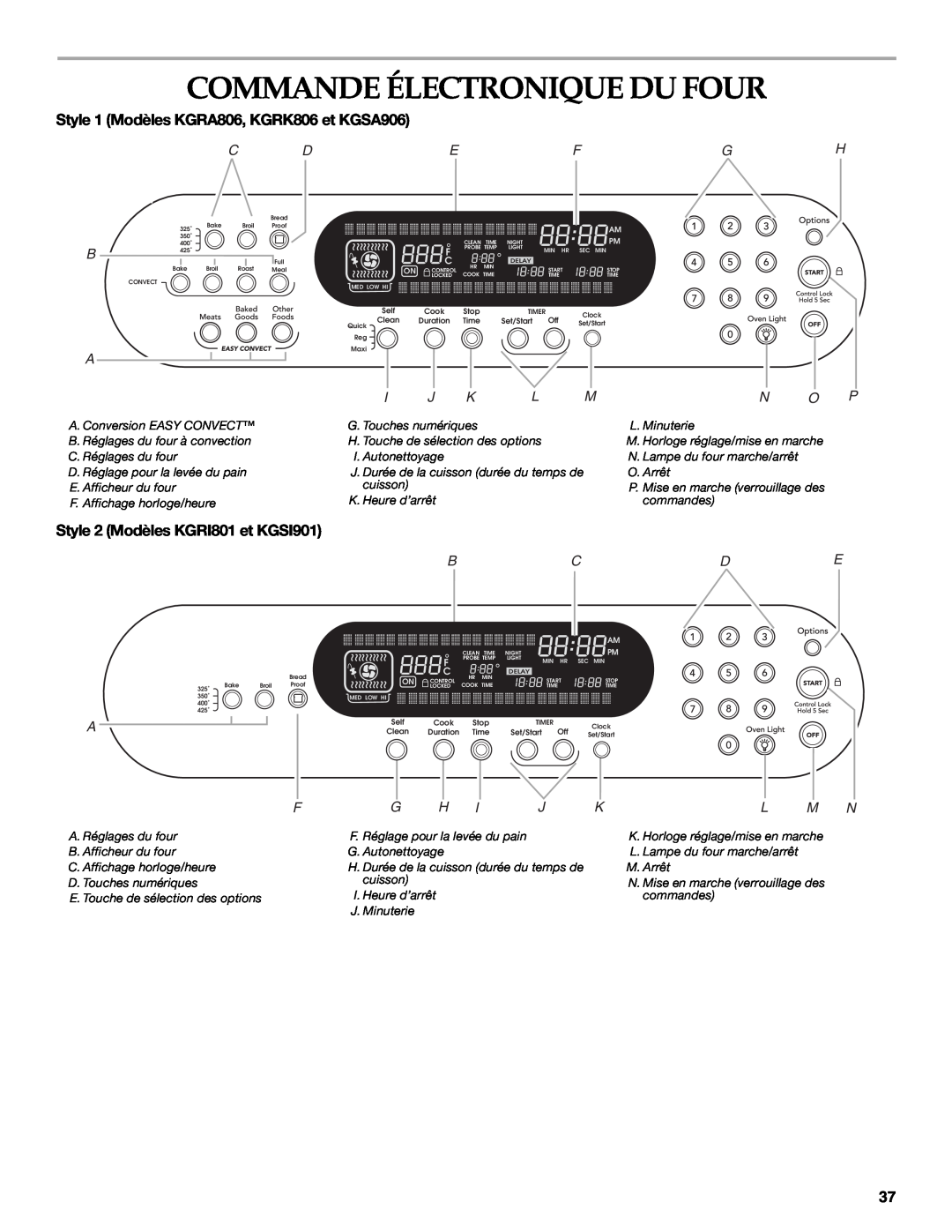 KitchenAid KGRI801 manual Commande Électronique Du Four, Style 1 Modèles KGRA806, KGRK806 et KGSA906, Efgh, Bcde 