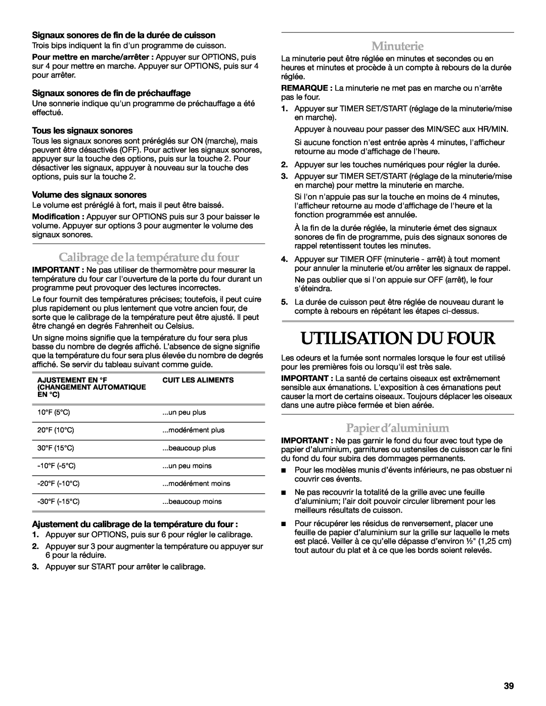 KitchenAid KGRI801 manual Utilisation Du Four, Calibrage de la température du four, Minuterie, Papier d’aluminium 