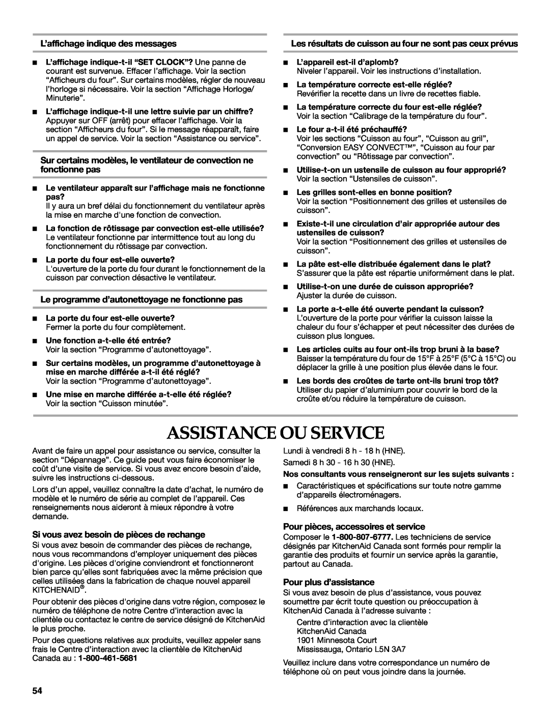 KitchenAid KGRI801 Assistance Ou Service, L’affichage indique des messages, Le programme d’autonettoyage ne fonctionne pas 