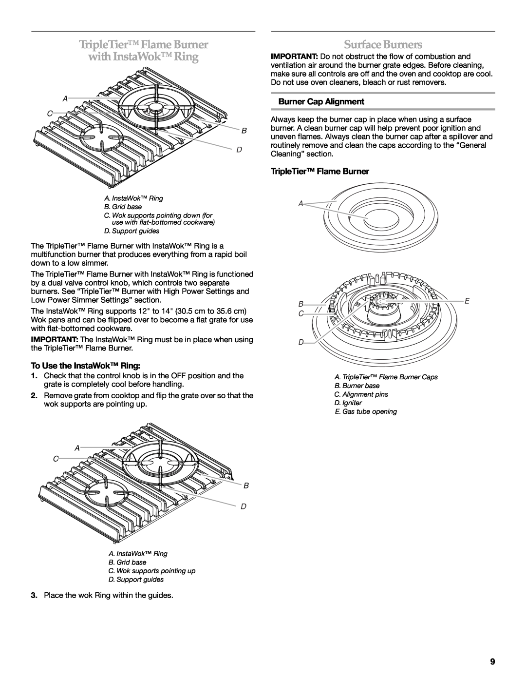 KitchenAid KGRI801 manual TripleTier Flame Burner with InstaWok Ring, Surface Burners, Burner Cap Alignment, A C B D 