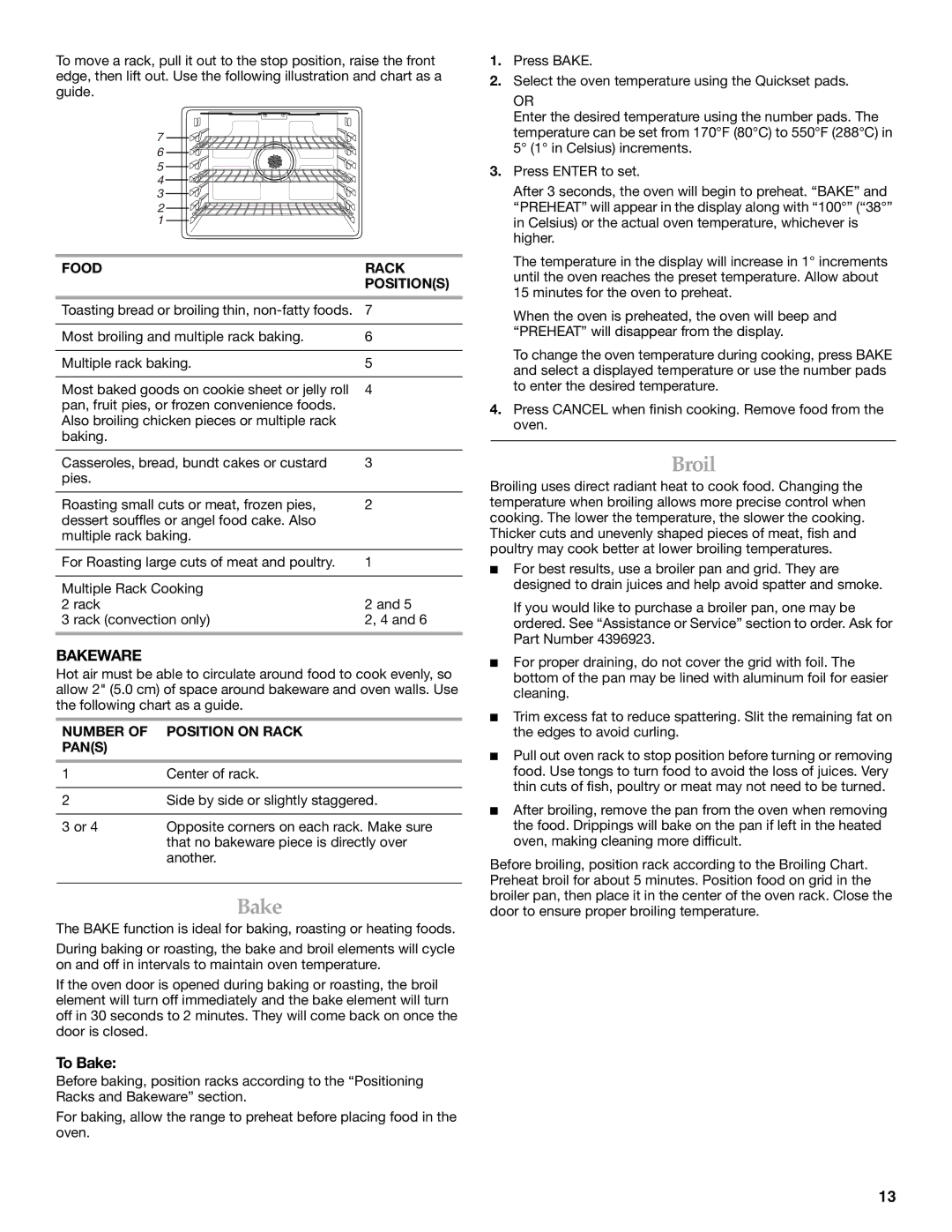 KitchenAid KGRK201, KGRS205 manual Broil, Bakeware, To Bake 