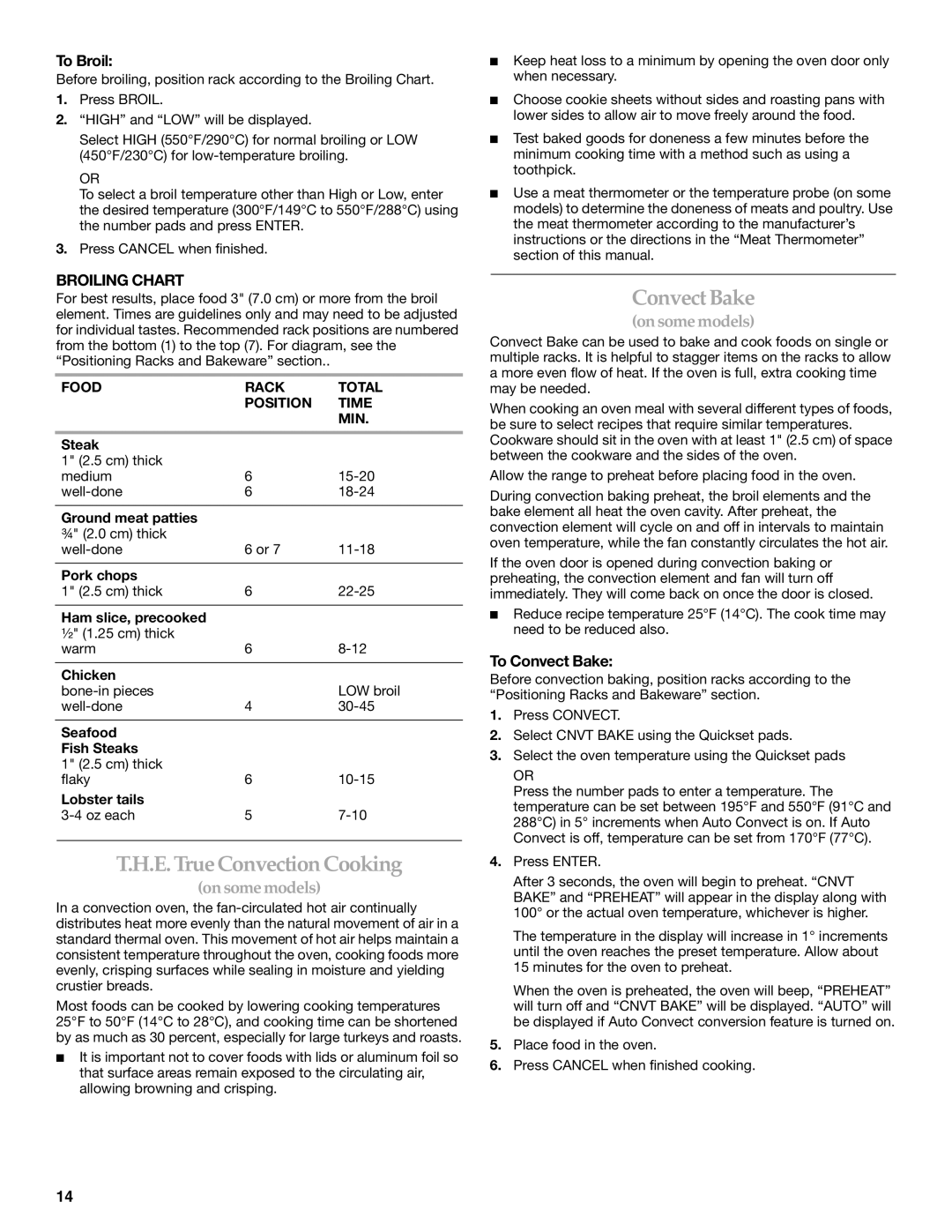 KitchenAid KGRS205, KGRK201 manual E.TrueConvection Cooking, ConvectBake, To Broil, Broiling Chart, To Convect Bake 