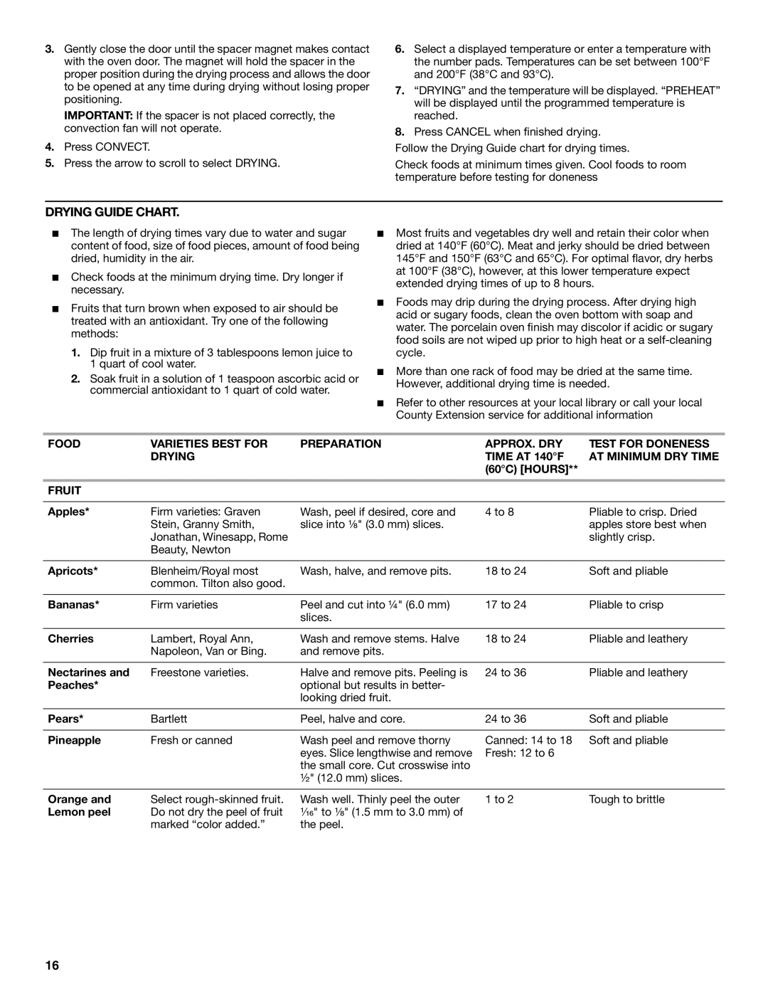 KitchenAid KGRS205, KGRK201 manual Drying Guide Chart, Fruit 